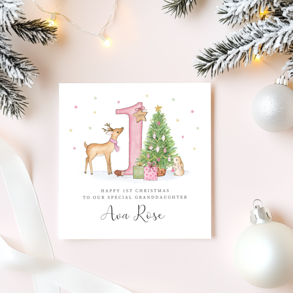 Personalised 1st Christmas Card For A Little Girl - Pink