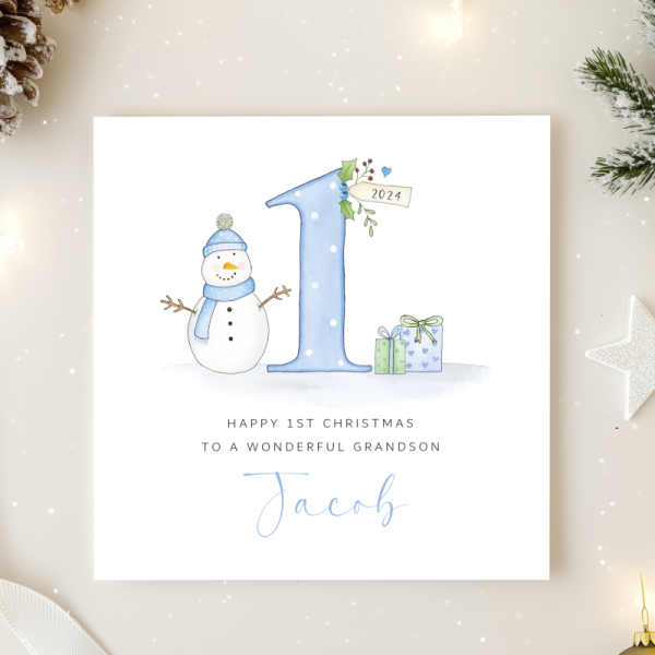 Personalised Boys 1st Christmas Card - Snowman