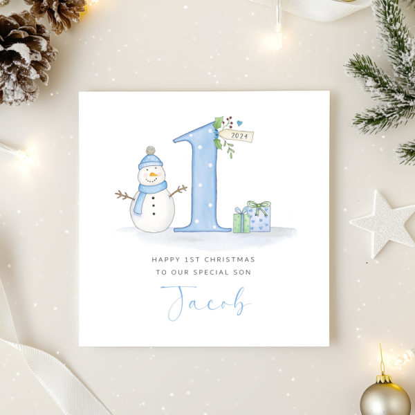 Personalised Boys 1st Christmas Card - Snowman