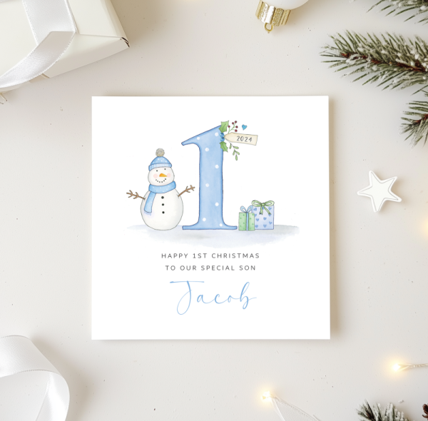 Personalised Boys 1st Christmas Card - Snowman