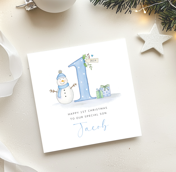 Personalised Boys 1st Christmas Card - Snowman