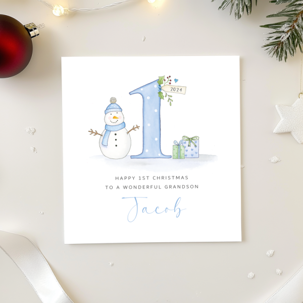 Personalised Boys 1st Christmas Card - Snowman