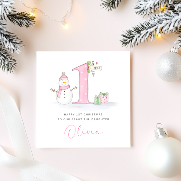 Personalised Girls First Christmas Card - 1st Christmas Card - Snowman