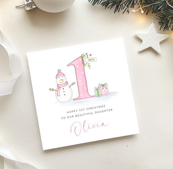 Personalised Girls First Christmas Card - 1st Christmas Card - Snowman