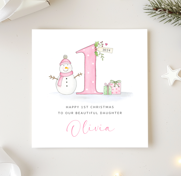 Personalised Girls First Christmas Card - 1st Christmas Card - Snowman