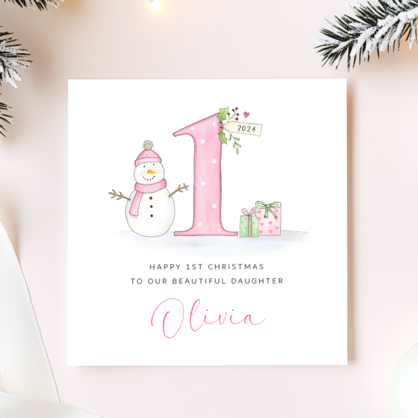 Personalised Girls First Christmas Card - 1st Christmas Card - Snowman