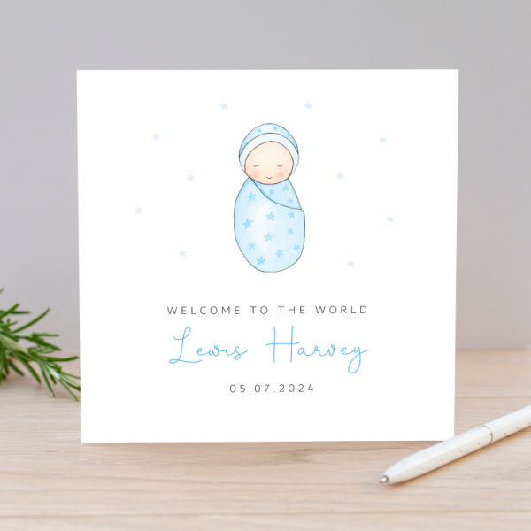 Personalised New Baby Boy Card - Baby in blanket