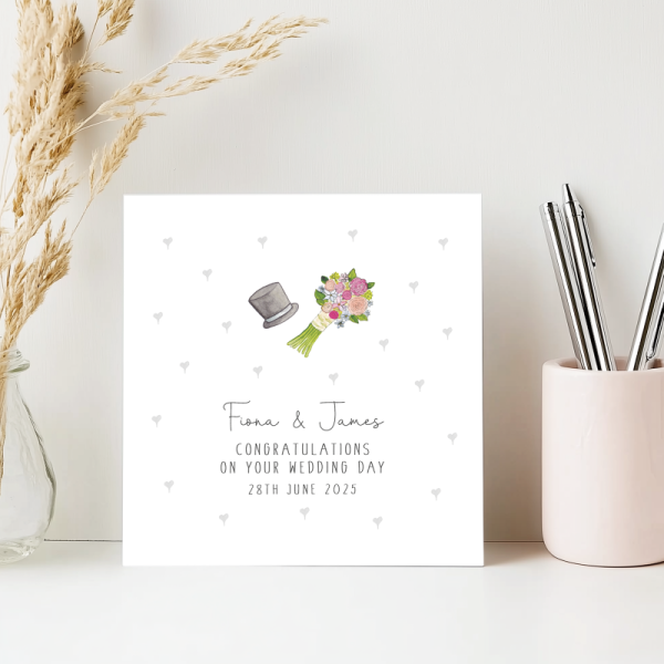 Personalised Wedding Day Card - Bouquet and hat