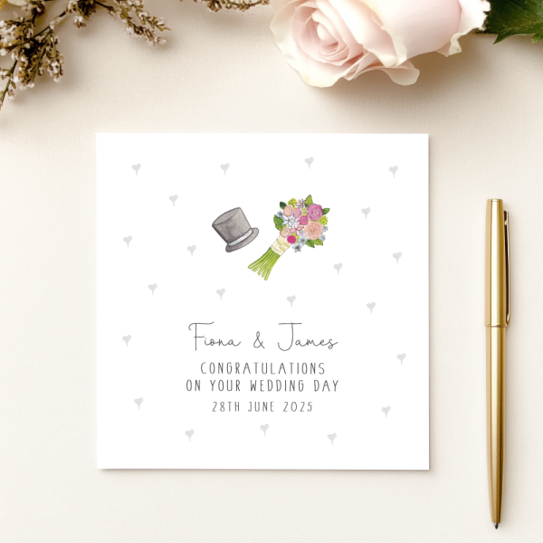 Personalised Wedding Day Card - Bouquet and hat