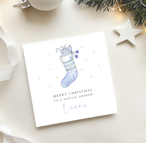 Personalised Boys Christmas Card - Blue Stocking