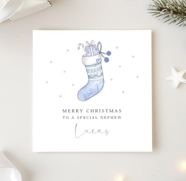 Personalised Boys Christmas Card - Blue Stocking