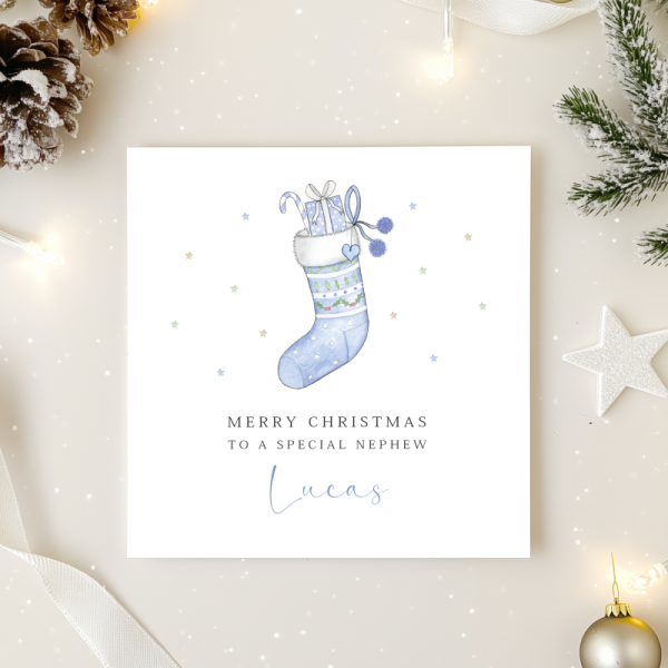 Personalised Boys Christmas Card - Blue Stocking