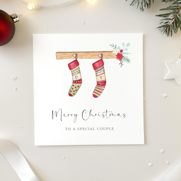 Personalised Christmas card For A Couple - Red Stockings