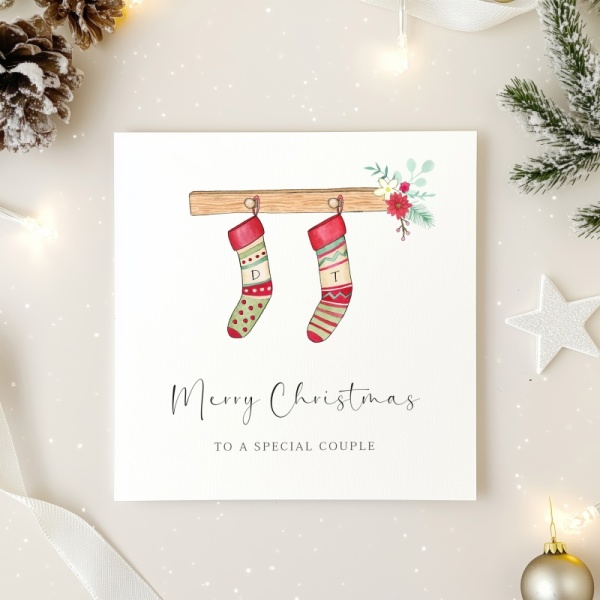 Personalised Christmas card For A Couple - Red Stockings