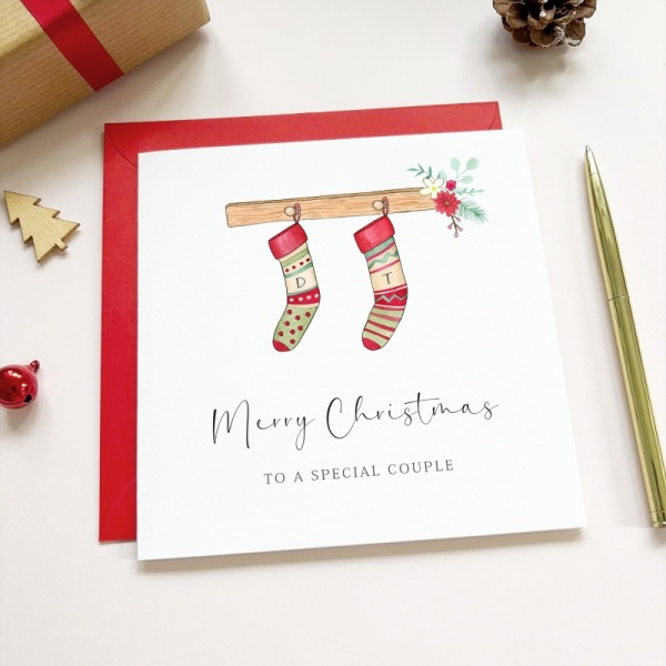 Personalised Christmas card For A Couple - Red Stockings