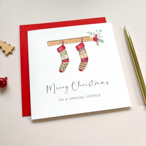 Personalised Christmas card For A Couple - Red Stockings