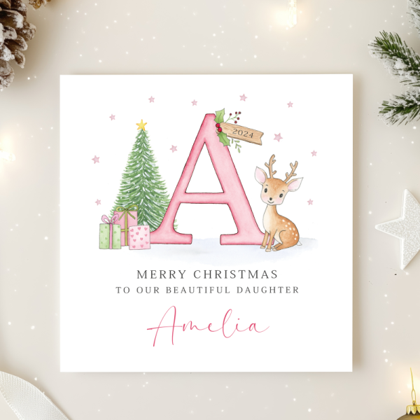 Personalised Girls Christmas Card - Baby Deer Initial Letter