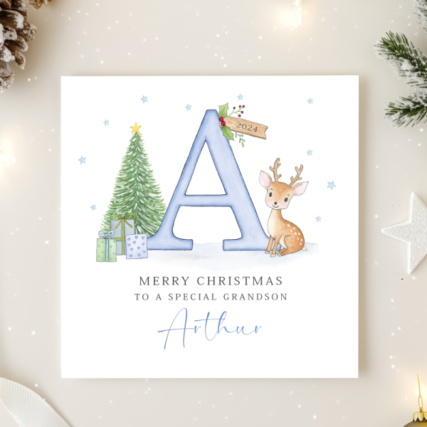 Personalised Boys Christmas Card - Deer with Initial Letter