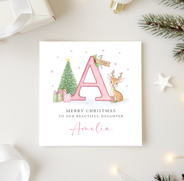 Personalised Girls Christmas Card - Baby Deer Initial Letter