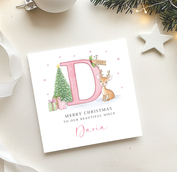 Personalised Girls Christmas Card - Baby Deer Initial Letter