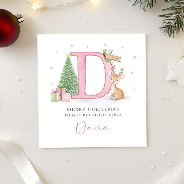 Personalised Girls Christmas Card - Baby Deer Initial Letter