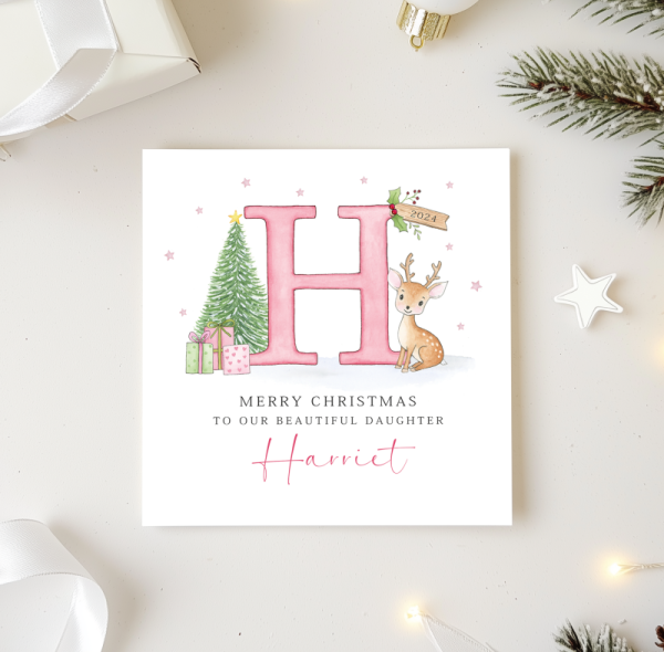 Personalised Girls Christmas Card - Baby Deer Initial Letter