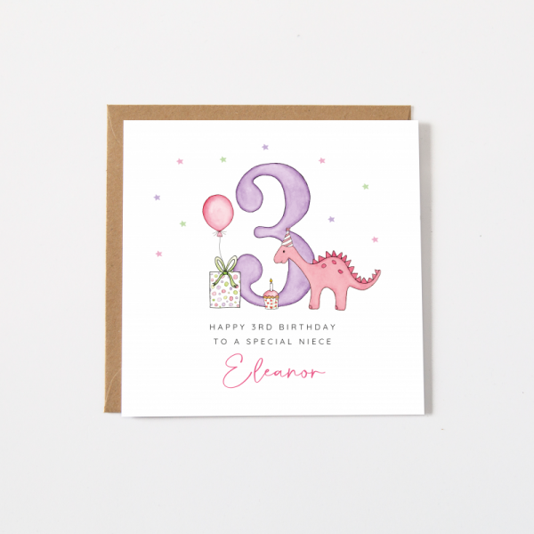 Personalised Dinosaur Girls Birthday Card  - Any age
