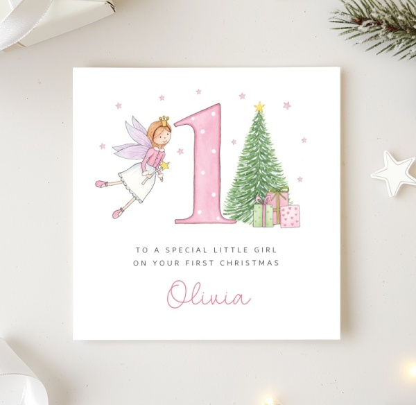 Personalised 1st Christmas Card For A Girl - Fairy and tree