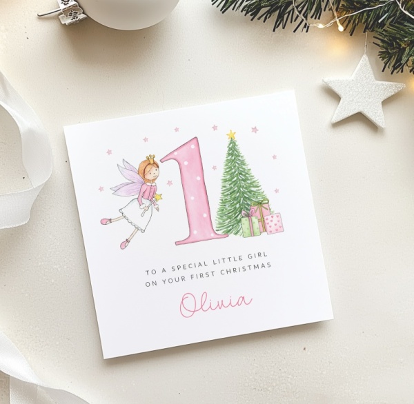 Personalised 1st Christmas Card For A Girl - Fairy and tree