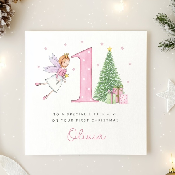 Personalised 1st Christmas Card For A Girl - Fairy and tree