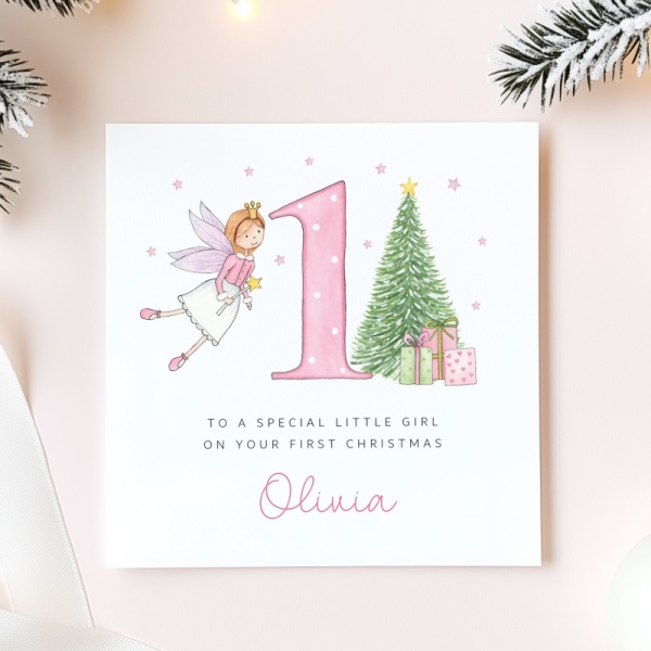 Personalised 1st Christmas Card For A Girl - Fairy and tree