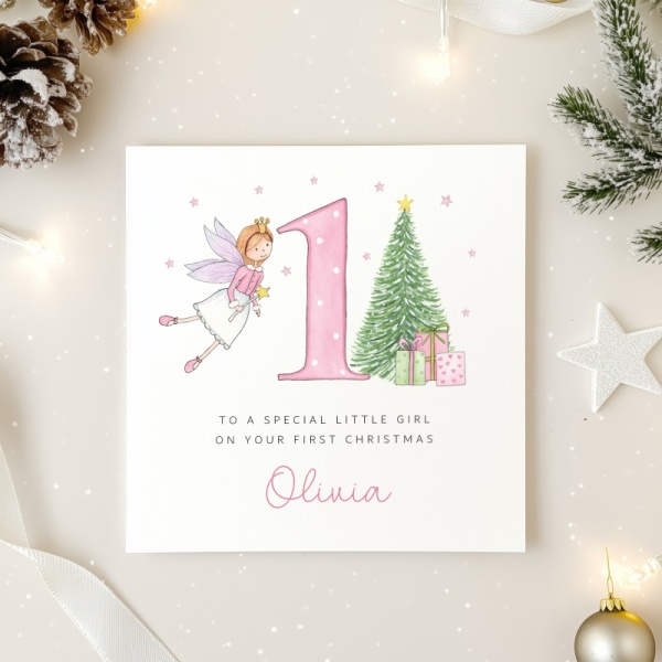 Personalised 1st Christmas Card For A Girl - Fairy and tree