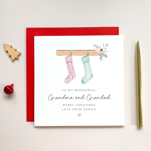 Personalised Christmas Card for Grandparents - Pink Stockings