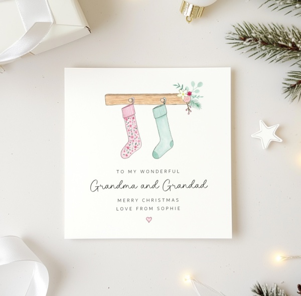 Personalised Christmas Card for Grandparents - Pink Stockings