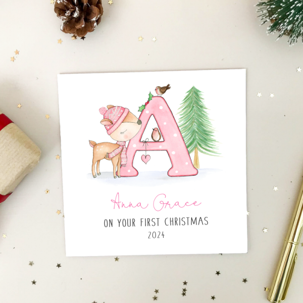 Personalised Girls 1st Christmas Card - Pink Letter