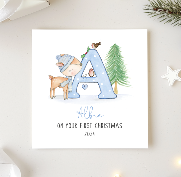 Personalised Boys 1st Christmas Card - Blue Letter and Deer