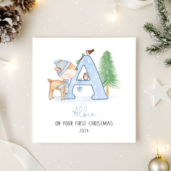 Personalised Boys 1st Christmas Card - Blue Letter and Deer