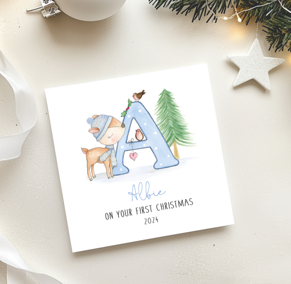 Personalised Boys 1st Christmas Card - Blue Letter and Deer