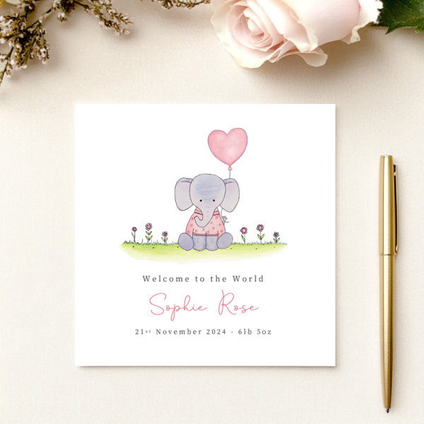 Personalised Baby Girl Card - Handmade New Baby Girl Card - Elephant