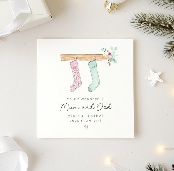 Personalised Christmas Card for Mum and Dad - Pink Stockings