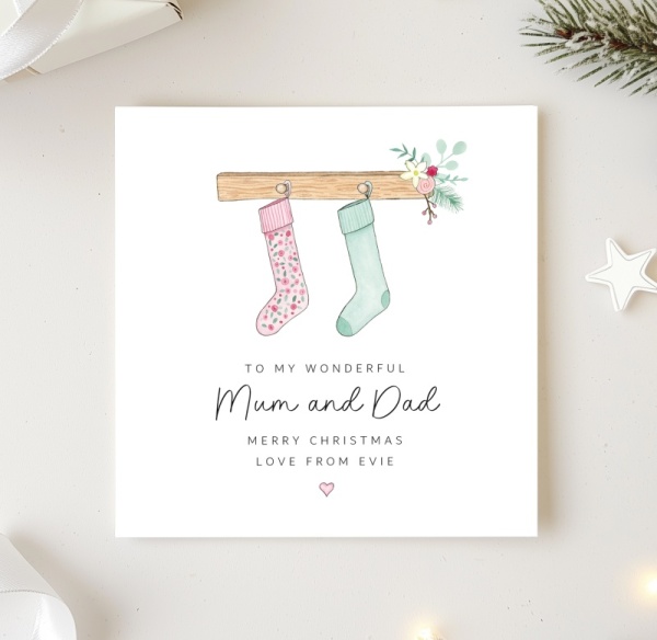 Personalised Christmas Card for Mum and Dad - Pink Stockings