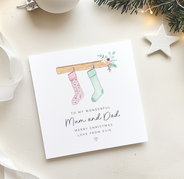 Personalised Christmas Card for Mum and Dad - Pink Stockings