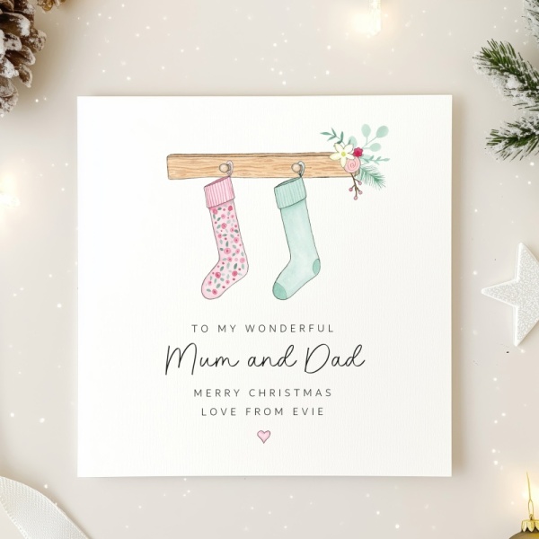 Personalised Christmas Card for Mum and Dad - Pink Stockings