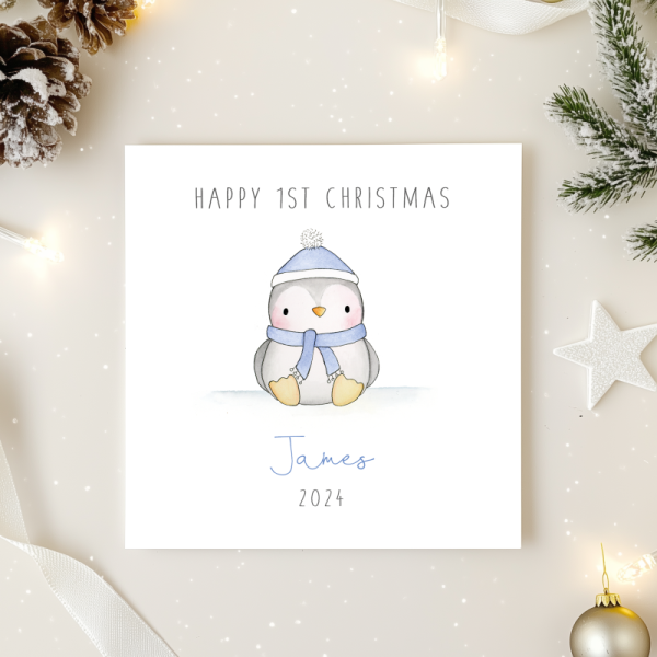 Personalised Boys 1st Christmas Card - First Christmas Card - Penguin