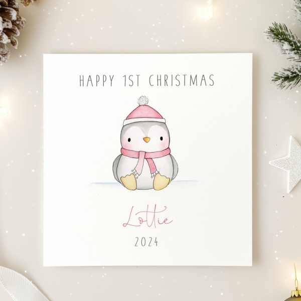 Personalised Girls First Christmas Card - 1st Christmas Card - Penguin