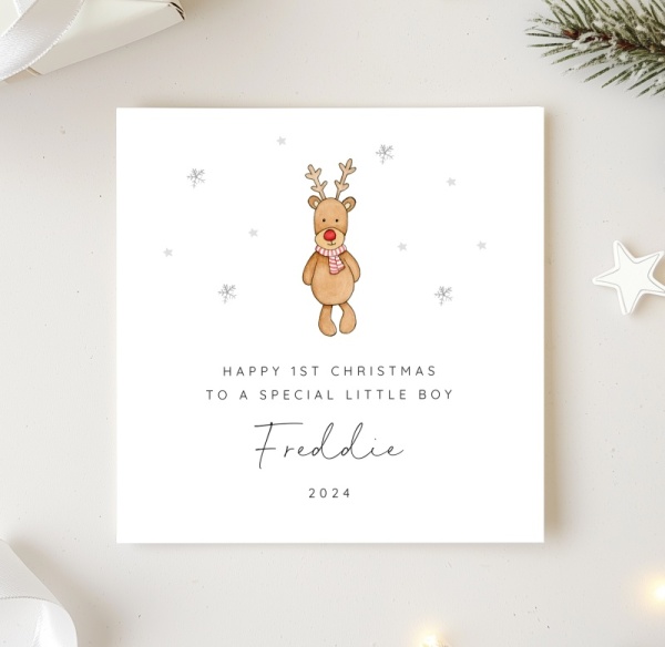 Boys 1st Christmas Card - Reindeer Plushie