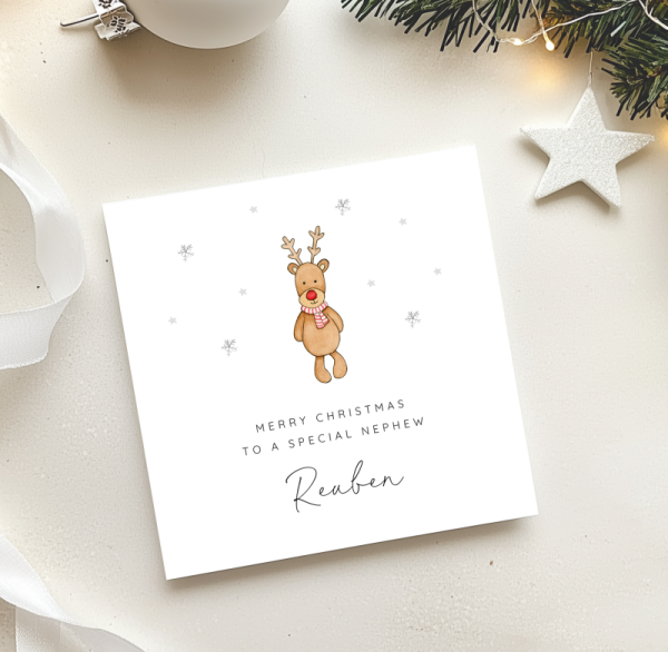 Personalised Rudolf Teddy Christmas Card for a boy or girl