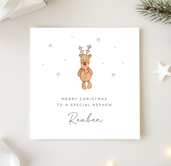 Personalised Rudolf Teddy Christmas Card for a boy or girl