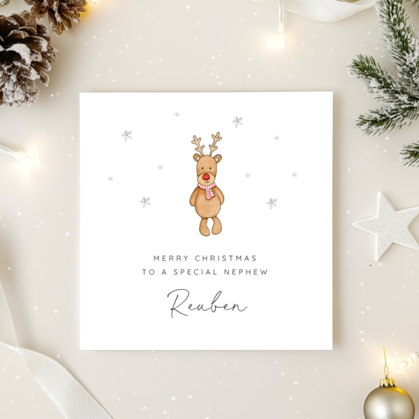 Personalised Rudolf Teddy Christmas Card for a boy or girl