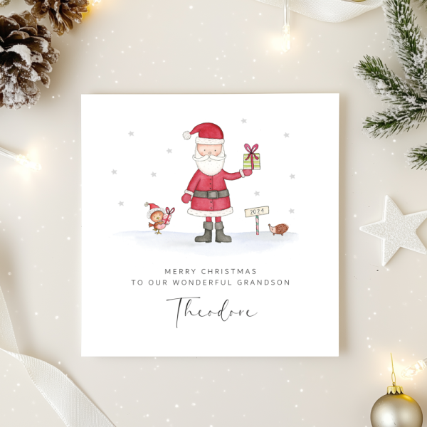 Personalised Boys Christmas Card - Santa and Robin